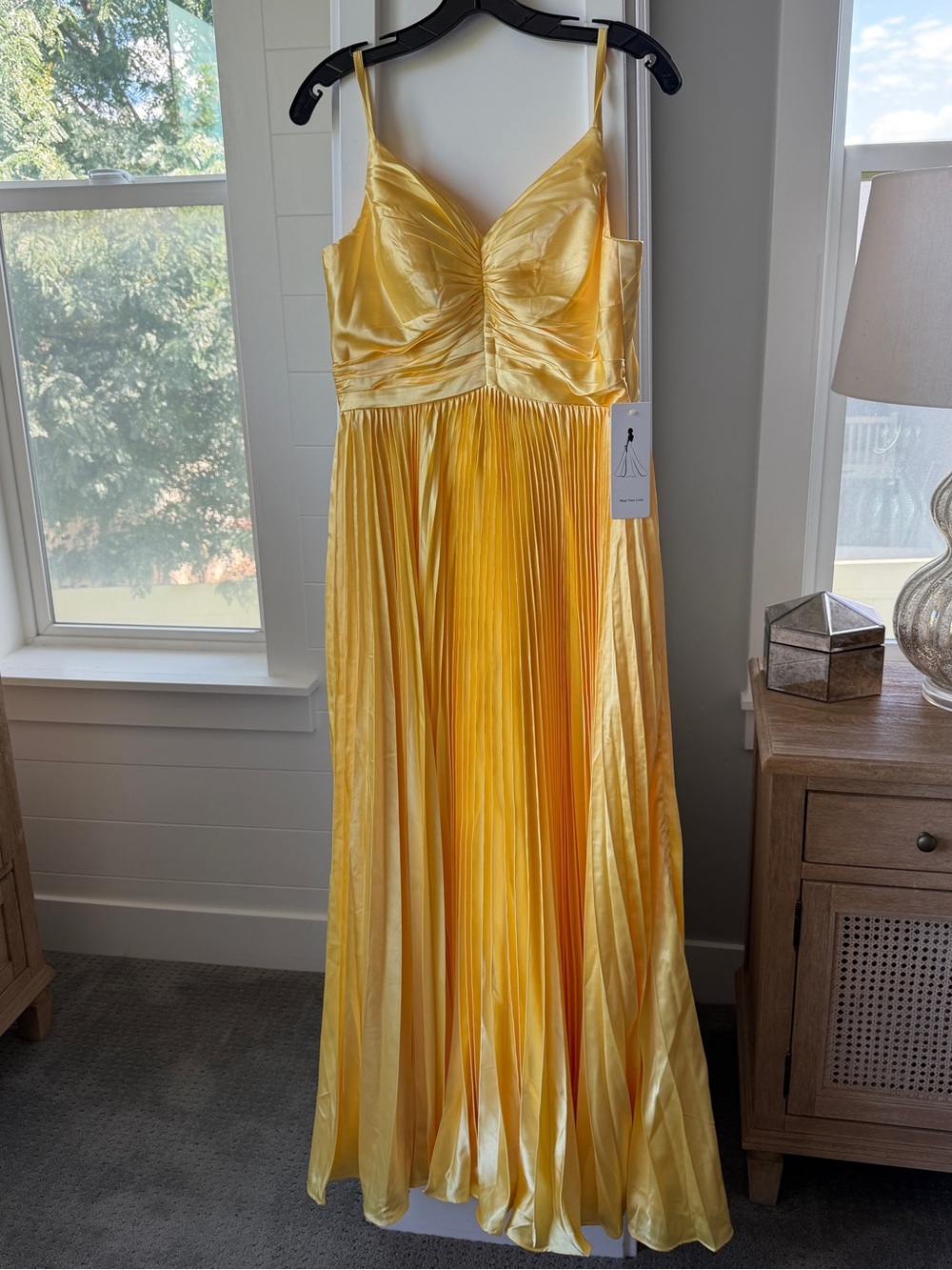 NWT Yellow Satin Pleated Corset Back Formal Prom Maxi Gown XS